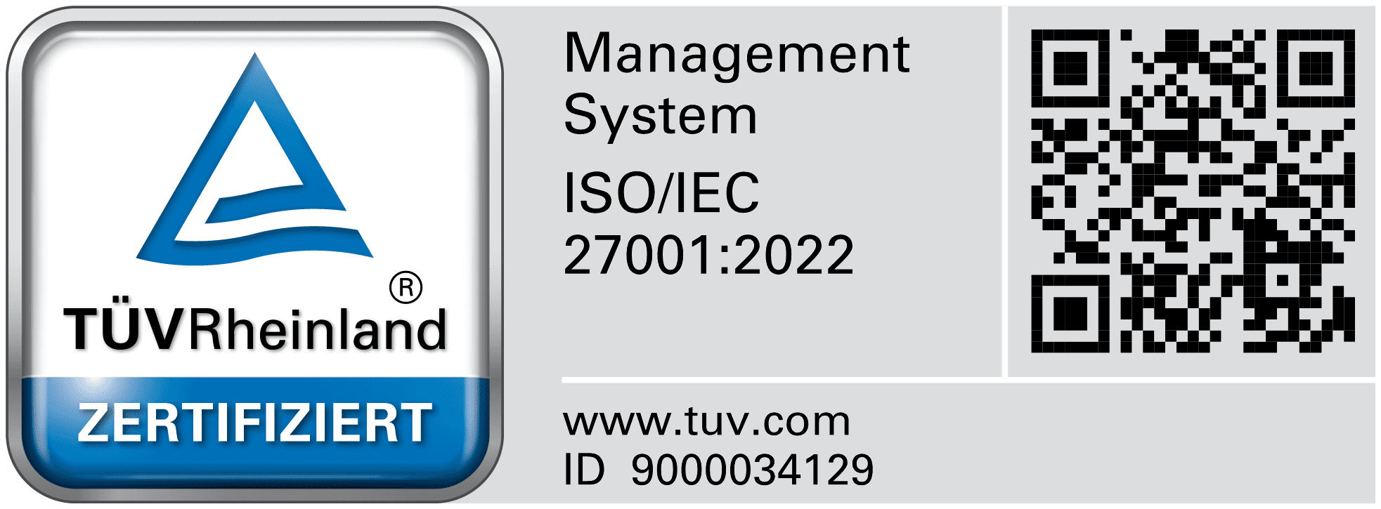 TÜV Rheinland Prüfzeichen – BLUVIT GmbH zertifiziert nach ISO/IEC 27001:2022, Zertifikats-ID 9000034129